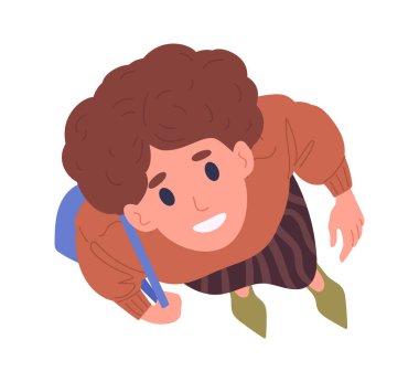 Bir kadın dik dik bakıyor. Kadın karakterin üstten görünüşü, yukarıdan güzel kız bakışı gökyüzü düz vektör çizimindeki bir şeyi hayrete düşürüyor. Yukarıya bakan kişi