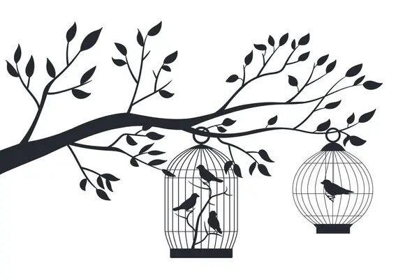 鸟笼挂在树上 金属笼中的异国情调鸟类剪影 树上的装饰鸟笼 花蕾和金丝雀在树笼中的平面矢量剪影说明 — 图库矢量图片