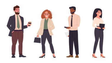 İş ekibi. Ofis çalışanları ve iş arkadaşları resmi iş kıyafetleri giyiyorlar, ofis karakterleri düz vektör çizim seti. Çizgi film profesyonel karakterleri