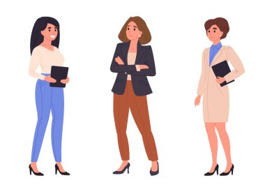 Kadın ofis karakterleri. İş kadını takım elbiseleri, yoğun iş ekibi ve ofis arkadaşları düz vektör çizim seti. Çizgi film kadın iş ekibi.