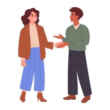Ofis çalışanları el sıkışır. İş adamları birbirlerini tokalaşarak selamlıyor, erkek ve bayan meslektaşlar el sıkışıyor düz vektör çizimi. İş dünyası üyeleri el sıkışır