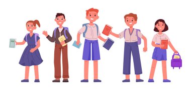 İlkokul öğrencileri. Sırt çantalı ve okul kitaplı okul çocukları, sınıf arkadaşları düz vektör çizim setinde yan yana duruyorlar. Mutlu öğrenciler beyazlar üzerinde