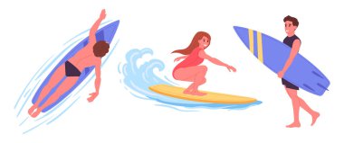 İnsanlar sörf yapıyor. Extreme water sport, wakeboard ve sörf, sporcular yaz su aktivitesi düz vektör çizimleri yapıyor. Çizgi film aşırı su sporları sahnesi
