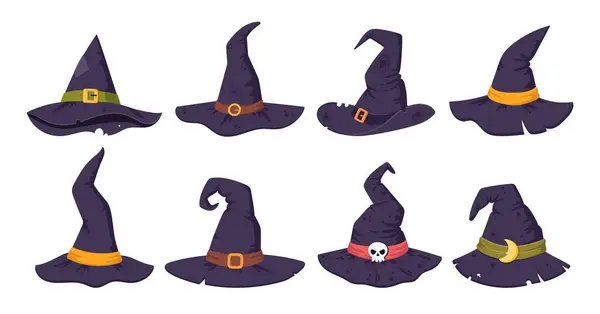Sombreros Brujas Halloween Asistente Dibujos Animados Sombreros Decorados Espeluznantes Elementos — Archivo Imágenes Vectoriales