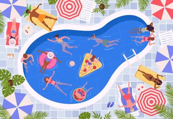 漫画スイミングプールのシーン 人々は 水泳プール 夏の水活動フラットベクターのイラストで膨脹可能なリングに日光浴 浮遊します サマープール休暇 ロイヤリティフリーのストックイラスト