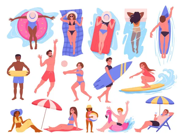 People Summer Beach Pool Sandy Beach Activities Characters Swimwear Sunbathing Illustrazione Stock