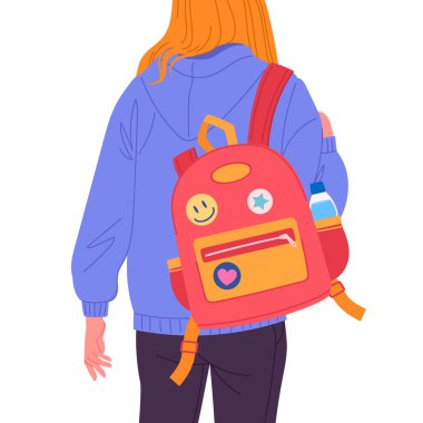 Sırt çantalı kız. Sırt çantası taşıyan bir kız öğrenci, okul çantası takan genç bir kadın düz vektör çizimi. Sırt çantasına bakan genç bir kız.