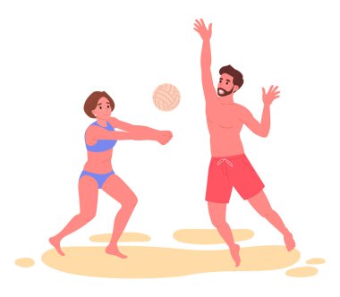 Sahilde oynayan insanlar. Erkek ve kadın plaj voleybolu oynuyor, karakterler plaj sporu reklamı düz vektör illüstrasyonu yapıyor. Karikatür voleybolcuları kumsalda