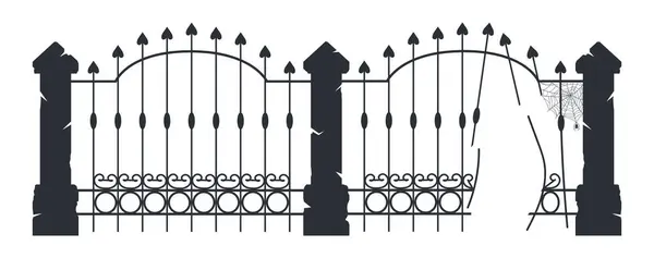 墓地ゲート ハロウィーンの不気味なハロウィーンは墓地のシルエット 不気味な墓地のフェンス ホラーハロウィーンの装飾フラットベクターのイラスト グラベアードフェンスシルエット ベクターグラフィックス