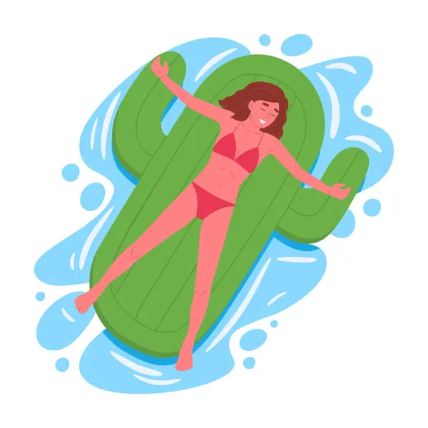 膨脹可能なマットレスに浮かぶ少女 女性は水泳プールの漫画の平らなベクターのイラストでカクタスの形の膨脹可能なおもちゃを泳いでいます グリーンゴムマットレスでリラックスした女性キャラクター ロイヤリティフリーストックベクター