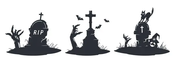 Túmulos Halloween Pedras Mortais Assustadoras Com Mãos Morcegos Zumbis Mão Gráficos Vetores