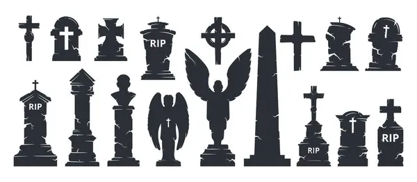 Halloween Grabsteine Silhouetten Friedhof Gruselige Grabsteine Kreuze Obelisken Und Statuen Vektorgrafiken