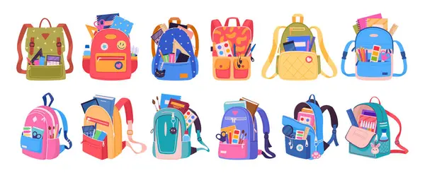 Schulrucksäcke Cartoon Kinder Schultaschen Mit Büchern Und Schreibwaren Schüler Rucksack Stockvektor