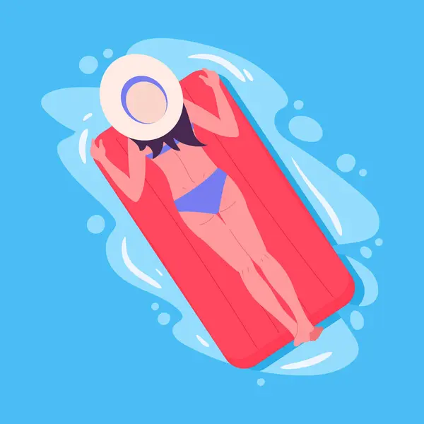 Mulher Que Flutua Colchão Inflável Menina Nadando Relaxando Colchão Borracha Ilustrações De Bancos De Imagens Sem Royalties