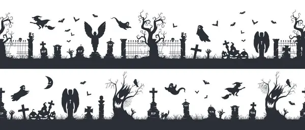 Assustador Halloween Fronteiras Sem Costura Decorações Cemitério Assustador Halloween Pedras Vetores De Bancos De Imagens