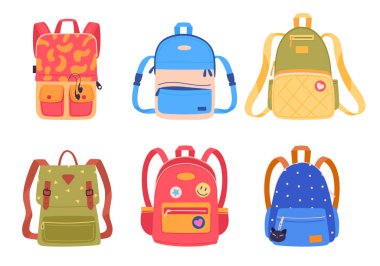 Çizgi film okul çantaları. Renkli okul çantaları, okul gereçleri için öğrenci çantaları ve düz çizim defterleri. Beyazlar üzerinde çocuksu okul çantaları.
