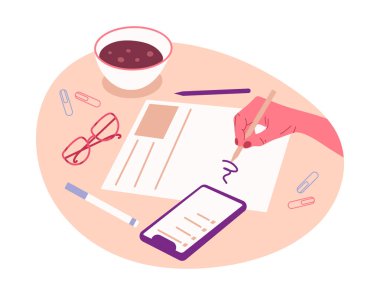 El yazısı. İnsan eli doldurma günlüğü, haftalık ajanda ya da liste, imza atan ve düz vektör illüstrasyonunu not alan kişi. Evrak işi kavramı