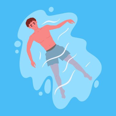 Suda yüzen erkek karakter. Havuzda ya da okyanusta yüzen bir adam, yaz tatili aktivitesi düz vektör çizimi. Çizgi film adamı suda yüzüyor ve dinleniyor.