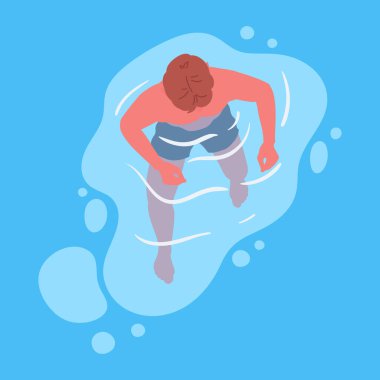 Yüzen adam. Havuzda ya da okyanusta yüzen erkek karakter, yaz tatili aktivitesi düz vektör çizimi. Adam dinleniyor ve suda yüzüyor.