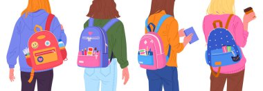 Sırt çantalı ergenler. Okul çantalarında okul gereçleri, okul çantalarında kitaplar, tılsımlar ve yamalar olan düz vektör çizimleri olan öğrenciler. Okul çocukları sırt çantalarını arka plana koyarlar