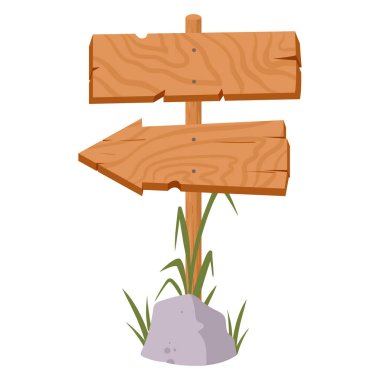 Tahta tabela. Kırsal ahşap yol bulma işareti, ok yönü sınır düz izole vektör çizimi. Beyaz üzerine çizgi film tahtası