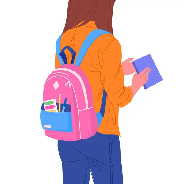 Female Student Carrying Backpack Girl Backpack Back View Teenage Girl — Stock Vector