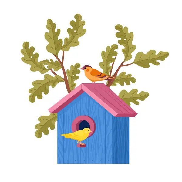 フィーダー付きのバードハウス 木の鳥の家 手作りされたかわいい鳥の巣オークの木の平らなベクターのイラスト カートゥーンネスティングバードハウス ストックベクター