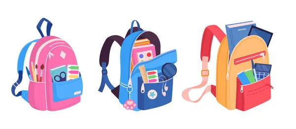 カラフルな学校バックパック 学校の供給およびノート 織物のバックパックの平らなベクターのイラスト セットが付いている漫画の学校の袋 スクールバッグコレクション ストックベクター