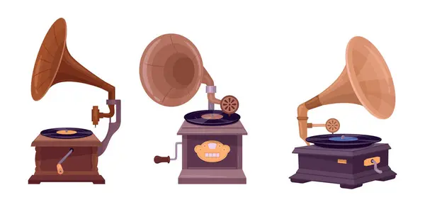 Odtwarzacze Gramofonowe Retro Nostalgiczne Urządzenia Słuchania Muzyki Zabytkowe Gramofony Płaski Ilustracja Stockowa
