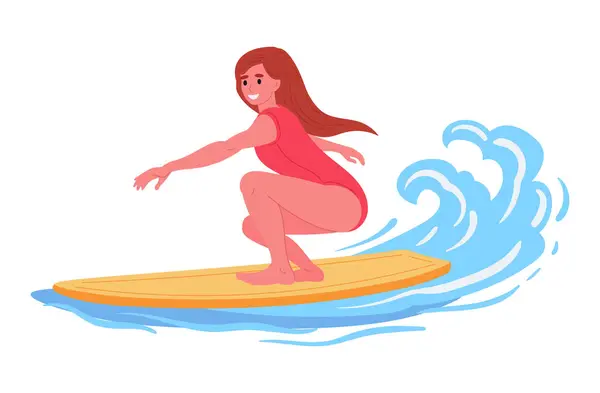 サーフィン女性 海や湖でサーフボードで泳ぐ少女 ウォータースポーツ レクリエーションフラットベクターイラスト 漫画の女性は極端なスポーツを行う ストックイラスト