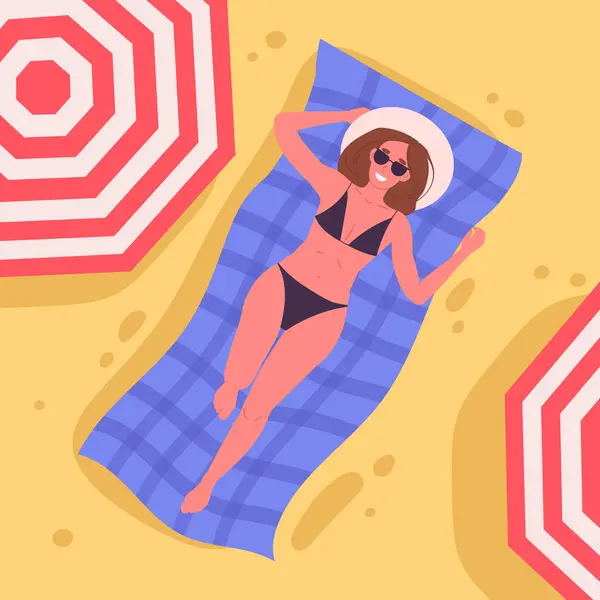 砂浜で日光浴をする女性 太陽の下でリラックスする水着の少女 夏休みの休暇の美しい女性フラットベクターのイラスト ビーチの女性キャラクター ストックベクター