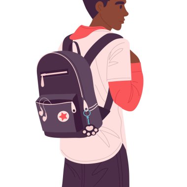 Okul çantası takan adam. Sırt çantalı erkek öğrenci, sırt çantası taşıyan çocuk düz vektör çizimi. Sırtında sırt çantası olan bir lise öğrencisi.