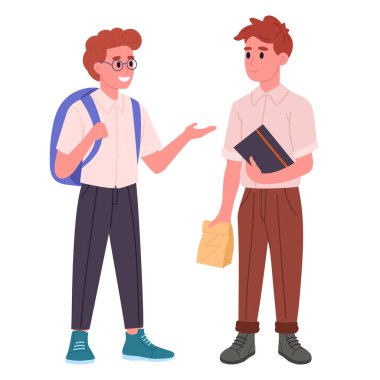 Erkek okul öğrencileri. Sırt çantaları ve kitapları olan ortaokul öğrencileri birbirleriyle düz vektör çizimleri yapıyorlar. Ortaokul öğrencileri