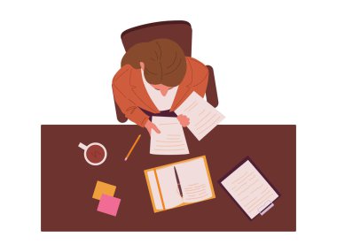 Öğretmen üst görüşü. Okul ya da üniversite öğretmeni düz vektör illüstrasyonundan sınıf görünümünde oturuyor. Öğretmen sınıfın en üstü görünümünde