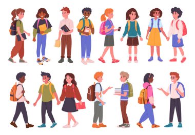 Ortaokul öğrencileri. Okula giden mutlu çocuklar, sırt çantalı erkek ve kız öğrenciler düz vektör çizim seti. Ortaokul öğrencileri