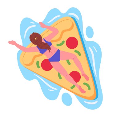 Şişme yatakta bir kadın. Yüzme havuzunda pizza şeklinde şişme oyuncak üzerinde yüzen bir kız ya da deniz düz vektörü çizimi. Kadın karakter pizza kauçuk yatağında dinleniyor.