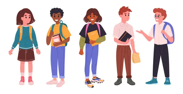 stock vector Junior high school students. Middle school students with backpacks and books, happy friends going to school flat vector illustration set. Male and female school pupils