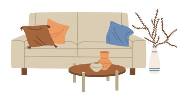 Çizgi film kanepesi ve çay masası. Oturma odası mobilyaları, modaya uygun konforlu ev iç dekorasyonu düz vektör çizimi. Çağdaş oturma odası.