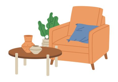 Oturma odası mobilyası. Çizgi film koltuğu ve çay masası, modaya uygun konforlu iç mekan elementleri düz vektör çizimi. Modern iç mimari