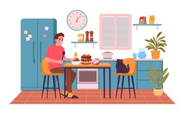 Adam evde yemek pişiriyor. Erkek karakter mutfakta kek pişiriyor, tatlı hazırlama düz vektör çizimi. Ev ortamında yemek pişirmek