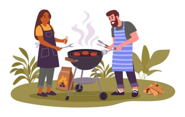 İnsanlar barbekü yapıyor. Çift dışarıda bbq bifteği hazırlıyor, aile arka bahçede yemek hazırlıyor düz vektör çizimi. Barbekü piknik sahnesi