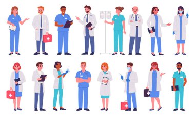 Doktorlar ve hemşireler. Klinik çalışanları, doktor, sağlık görevlisi ve hemşire, hastane çalışanları, terapist ve anestezi uzmanı düz vektör çizim seti. Sağlık ve tıp karakterleri