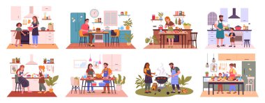 İnsanları pişirmek. Evde yemek hazırlama, kadın ve erkek pişirme ya da pişirme, aile barbekü düz vektör çizim seti yapıyor. Ev yemeği sahneleri koleksiyonu