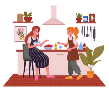 Aile evde yemek hazırlıyor. Anne ve kızı birlikte yemek pişiriyor, ev yapımı yemek hazırlıyor düz vektör çizimi. Çocuk sahnesiyle yemek pişirmek