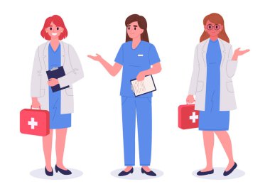 Kadın doktorlar ve hemşire. Hastane çalışanları, terapist, sağlık görevlisi ve hemşire düz vektör çizimi seti. Klinikte kadın işçiler