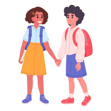 Ortaokul öğrencileri. Sırt çantalı ve kitaplı kızlar okula düz vektör çizimine gidiyorlar. Çizgi film okulundan arkadaşlar.