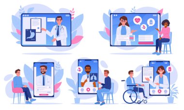 Çevrimiçi tıp hizmeti. Doktorlar online danışma, randevu ve test sonuçları, ilaç reçeteleri ve dijital sağlık hizmetleri düz vektör çizim seti. Çevrimiçi klinik hizmetler