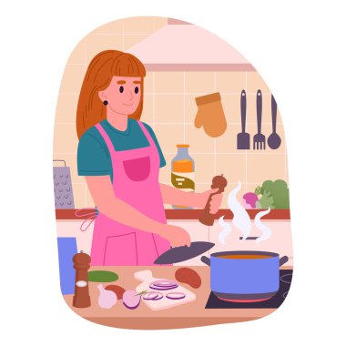 Evde yemek pişiren bir kadın. Kadın karakter evde yemek hazırlıyor, kadın lezzetli yemekler pişiriyor düz vektör çizimi. Ev yapımı yemek hazırlama