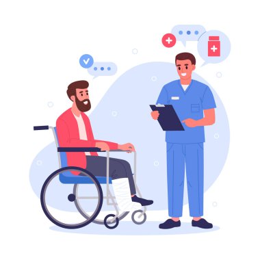 Doktor ve hasta. Tekerlekli sandalyedeki erkek hasta terapisti, acil servis randevusu düz vektör çizimi. Sağlık ve Tıp Konsepti