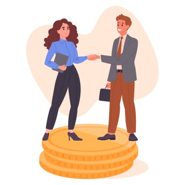 İş adamları eşitlik maaşı alıyor. Ofis çalışanları madeni para yığınları üzerinde el sıkışıyor. Finansal refah düz vektör çizimi. Gelir eşitliği kavramı